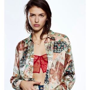 New Zara pastel muliticolor satin effect paisley boho summer shirt top s
